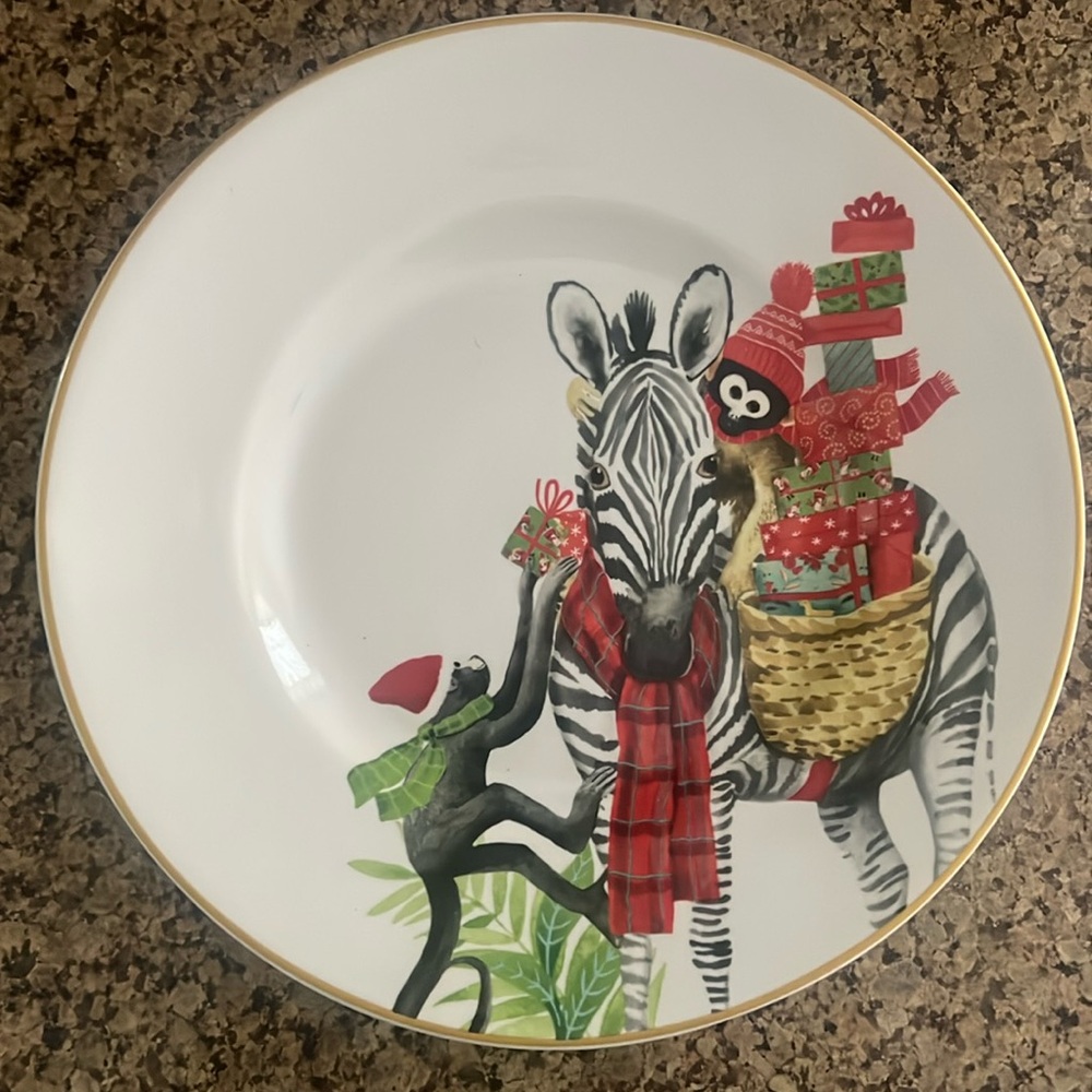 Cost Plus World Market Christmas Zebra Monkey Penguinin Decorative Plate